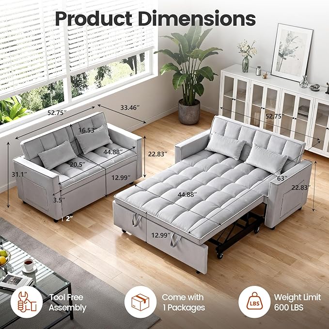 Convertible Sofa Bed, Love Seat Sleeper Bed with Side Pockets, 3 in 1 Velvet Fabric Pull Out Couch with Adjustable Backrest for Living Room, Bedroom, Apartment, Gray