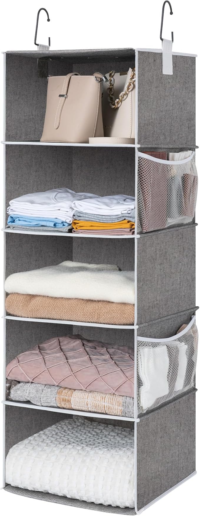 StorageWorks 5-Shelf Hanging Shelves for Closet, Foldable Hanging Closet Organizers with 2 Side Pockets, Portable Clothes Organizers for Bedroom, Wardrobe, 12 1⁄2" D x 15" W x 48" H, Gray