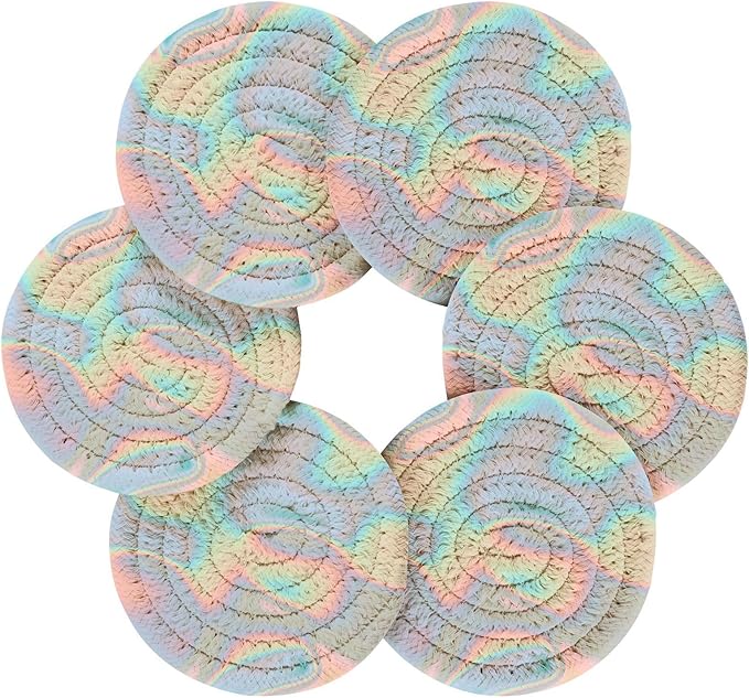 Holographic Blue Drink Coasters, Handmade Cotton Absorbent Coaster Set of 6, Minimalist Home Decor for Coffee Table, Kitchen, Housewarming and Wedding Registry Ideas
