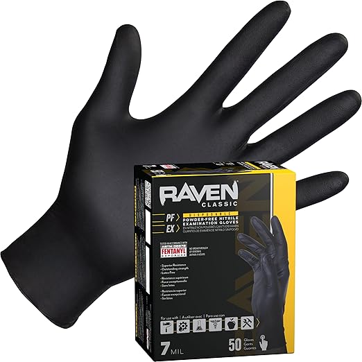 Raven Exam Grade Nitrile Disposable Gloves Medium, Powder Free Latex Free Gloves, 7 Mil Puncture Resistant, For Law Enforcement, Automotive, Health Care & Cleaning Supplies, 12 Boxes of 50-600 Ct