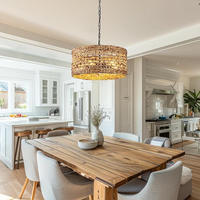 Hand Woven Rattan Pendant Light, 18" 5-Light Wicker Dining Room Light Fixtures Boho Chandelier Coastal Large Hanging Ceiling Lights Natural Lighting for Kitchen Island Living Room Bedroom