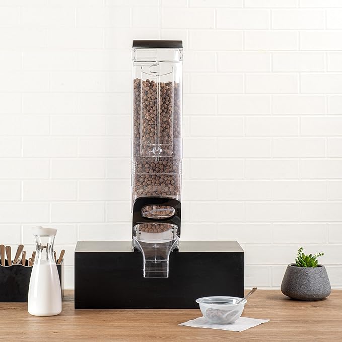 Restaurantware Cereal Dispenser 5 gal Plastic Gravity Bin Candy Dispenser Self-Serve Black Dry Food with Stand for Breakfast Buffet or Hotel Use