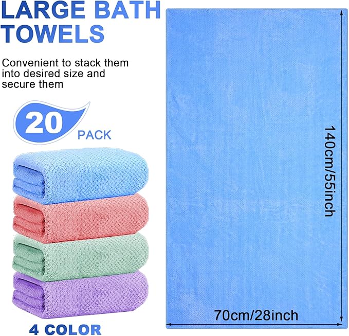 20 Pack Bulk Bath Towels Set, Large Quick Dry Bath Towels 55" x 28" for Spa, Gym, Salon, Hotel and Rental Use(Pink, Green, Blue, Purple)
