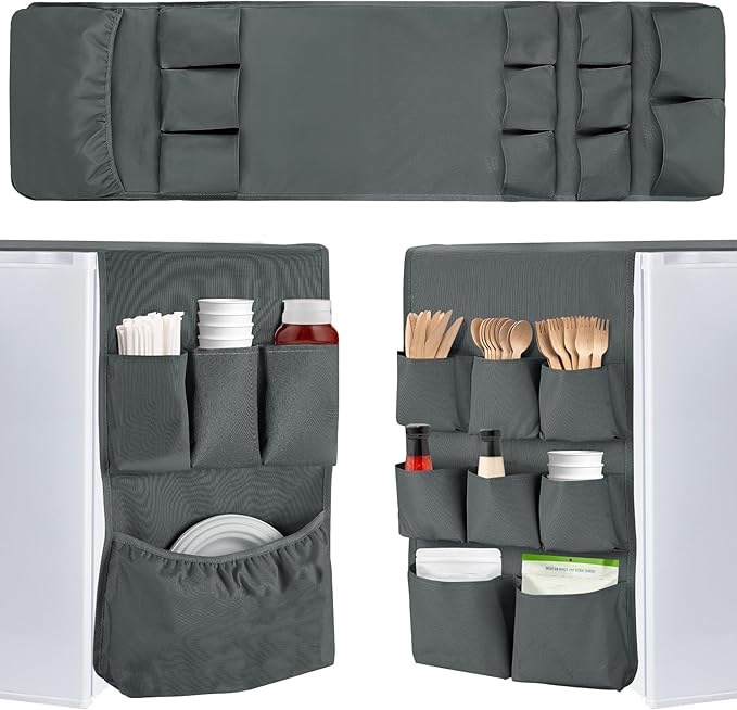 Biubee Extended Mini Fridge Caddy Organizer - 55" x 13" Back to School Dorm and Office Over the Fridge Storage Organizer with 12 Pockets for Flatware Drink Paper Goods, College Must Have, Gray