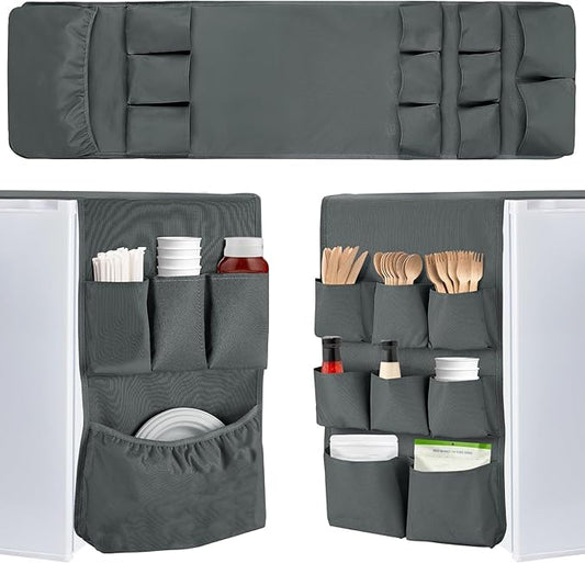 Biubee Extended Mini Fridge Caddy Organizer - 55" x 13" Back to School Dorm and Office Over the Fridge Storage Organizer with 12 Pockets for Flatware Drink Paper Goods, College Must Have, Gray