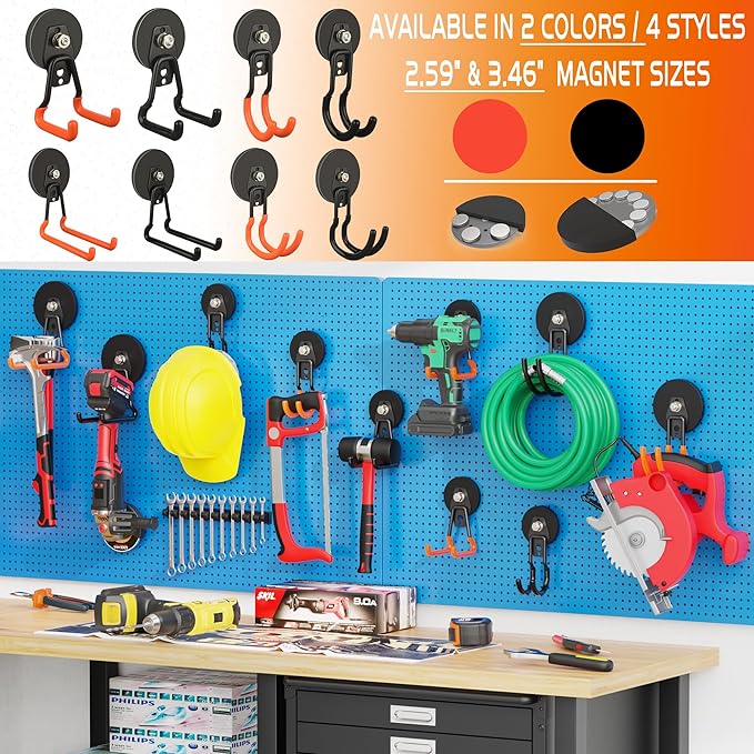 ULIBERMAGNET Upgraded Large Magnetic Hooks,Strong Heavy Duty Magnet Hooks for Power Drill,Broom,Garden Tools, Pegboard, Garage, Workshop, Hardware, 4 Pack Magnet Storage Holder for Hanging(Black)