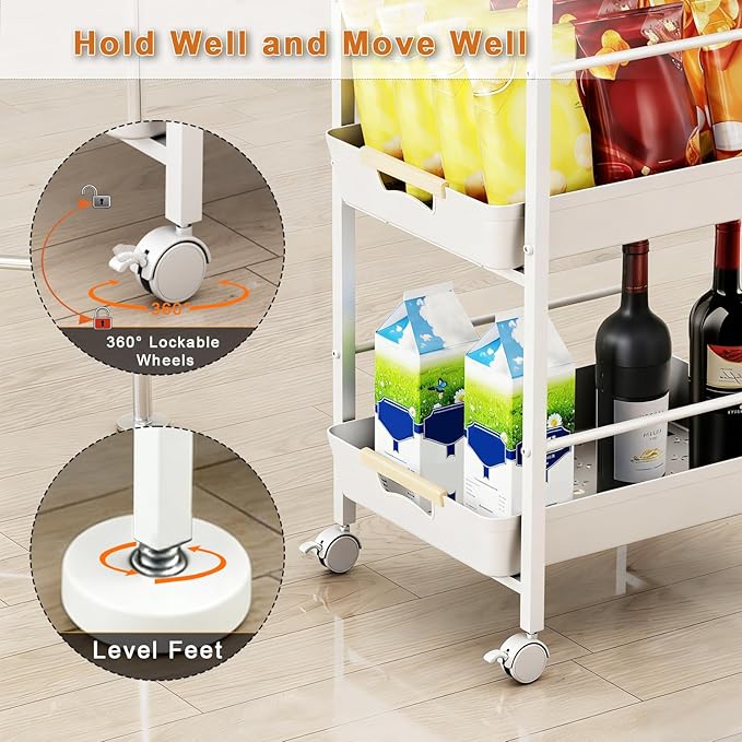 6 Tier Storage Cart with Pull-Out Baskets Rolling Storage Cart with Wheels Wood Top Organizer Rolling Utility Cart for Pantry Laundry Room Bathroom Kitchen White 14.5”D x 13”W x 64.1”H