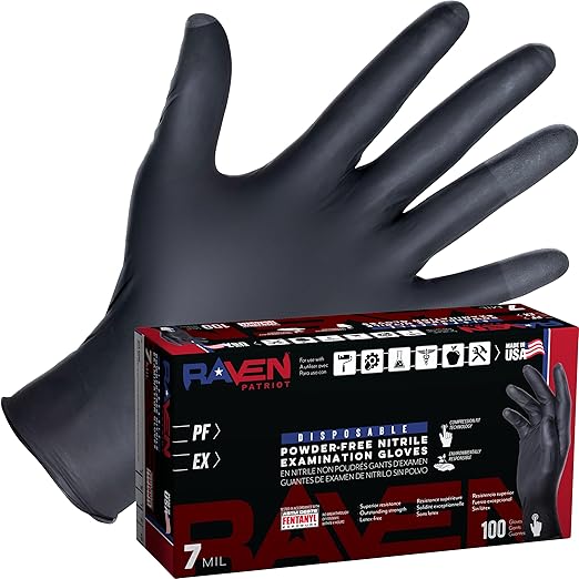 SAS Raven Patriot Powder-Free Nitrile Disposable Gloves | 7 Mil - XL | Black, 10 Boxes of 100| Latex Free, Compression Fit, Textured Grip | Paint, Automotive, Industrial, Janitorial, Food Service