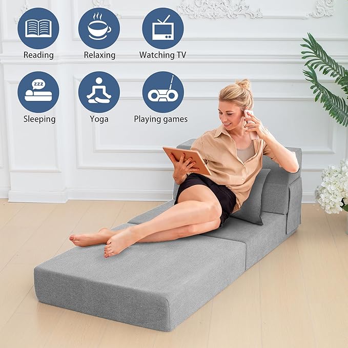 Sofa Bed Foldable Mattress ，Folding Sleeper Sofa Chair Bed Floor Mattress with Pillow for Living Room Home Office (Light Gray, Single)