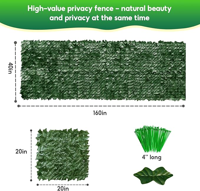 Artificial Ivy Privacy Fence Screen, 160x40 inch Artificial Hedge Grass Wall，Faux Ivy Fence Privacy Screen, Decoration for Patio, Balcony, Garden, Backyard Indoor Outdoor Decor