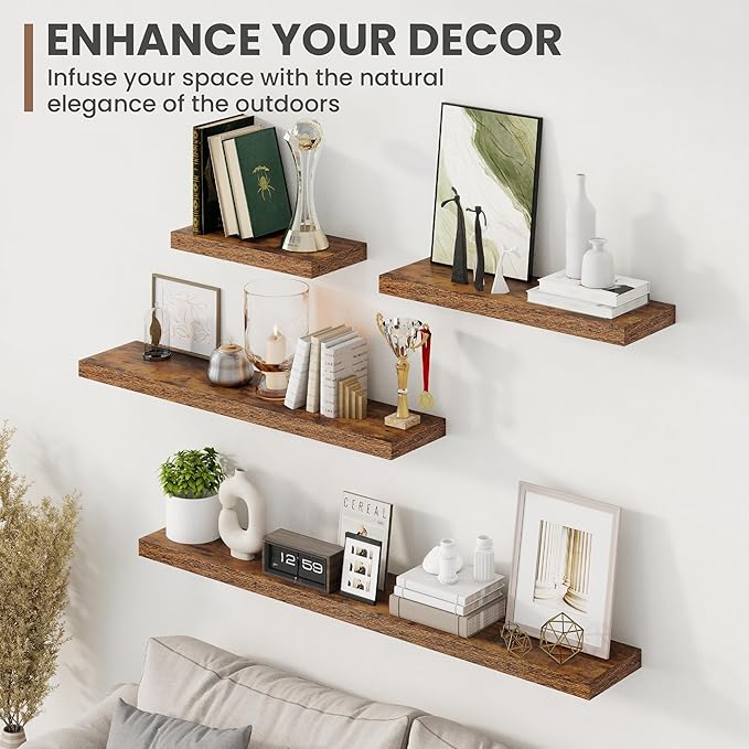 16 Inch Floating Shelves, 8 Inch Deep Floating Shelves for Wall, Hanging Shelf with Invisible Brackets, Deep Shelves for Bathroom, Bedroom, Living Room, Brown, Set of 2