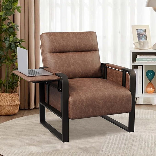 Modern Accent Chair with Tray Table PU Leather Upholstered Armchair for Bedroom Leisure Living Room Chairs Office Chair Dark Brown