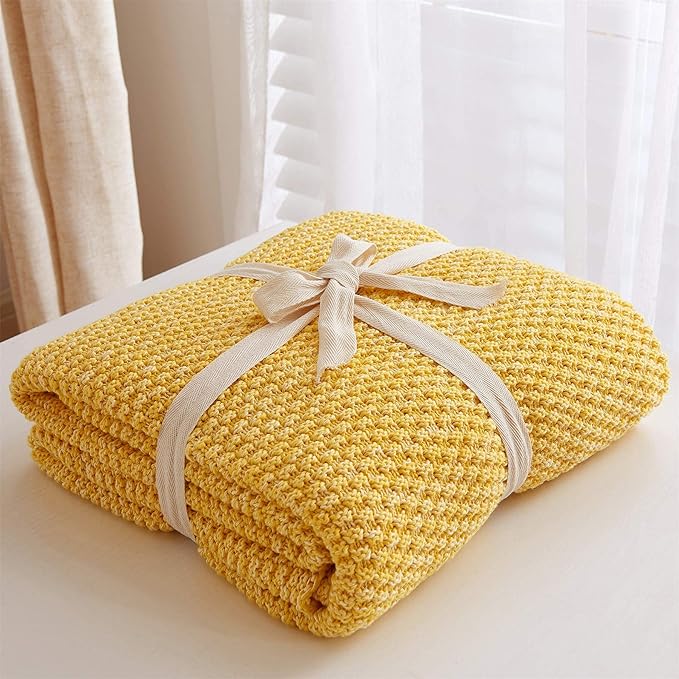 Longhui bedding Bright Yellow Knitted Throw Blanket for Couch, Soft, Cozy Machine Washable 100% Cotton Sofa Knit Blankets, Heavy 3.0lb Weight, 51 x 63 Inches, Yellow and White Color