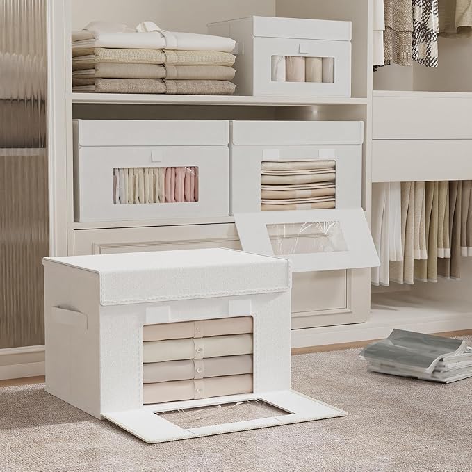Storage Bins with Lids, Cube Organizer Basket with Window, Closet Boxes with Carrying 2 Handles and Sturdy PP Support Plate, 2 Pack, White, 15 x 9.8 x 9.8 In, XSNY17WL-2