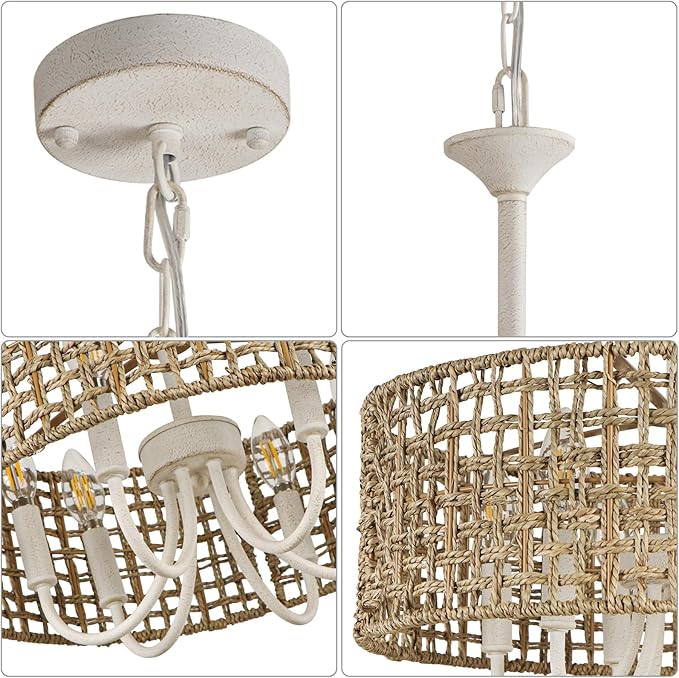 White Rattan Chandelier for Dining Room, 6-Light Boho Chandelier Light Fixture Hand-Woven Bohemian Coastal Hanging Pendant Lighting for Kitchen Living Room Foyer Entryway