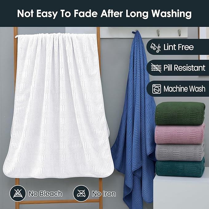 Bath Towels Set, Large Microfiber Body Towel for Adult, 2 Pack, 30" x 60", Oversized, Soft, Super Absorbent, Fast Drying, Use for Sport, Fitness, Yoga, Fleece Diamond Cross Grid White