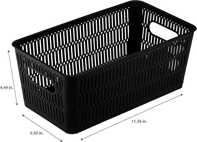 Simplify 4Pk Small Slide 2 Stack It Tote Basket | Storage & Organization | Open Bins with Stackable Capability | Bathroom | Crafts | Pantry | Playroom | Office | Black (KIT-25934-BLACK-4PK)