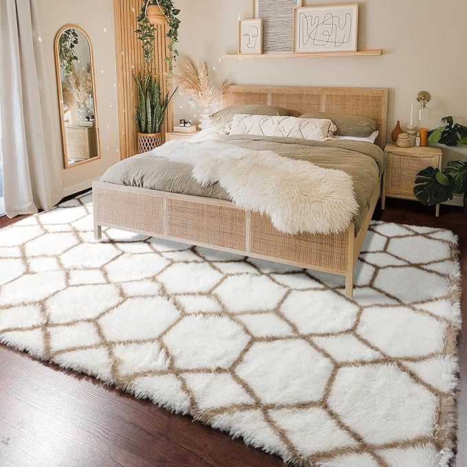 ONASAR Rugs for Living Room Bedroom, 5x8 Fluffy White and Beige Area Rug, Geometric Boho Soft Plush Shaggy Floor Carpet Mat for Nursery Kids Girls Boys Teen Dorm Home Decor Aesthetic