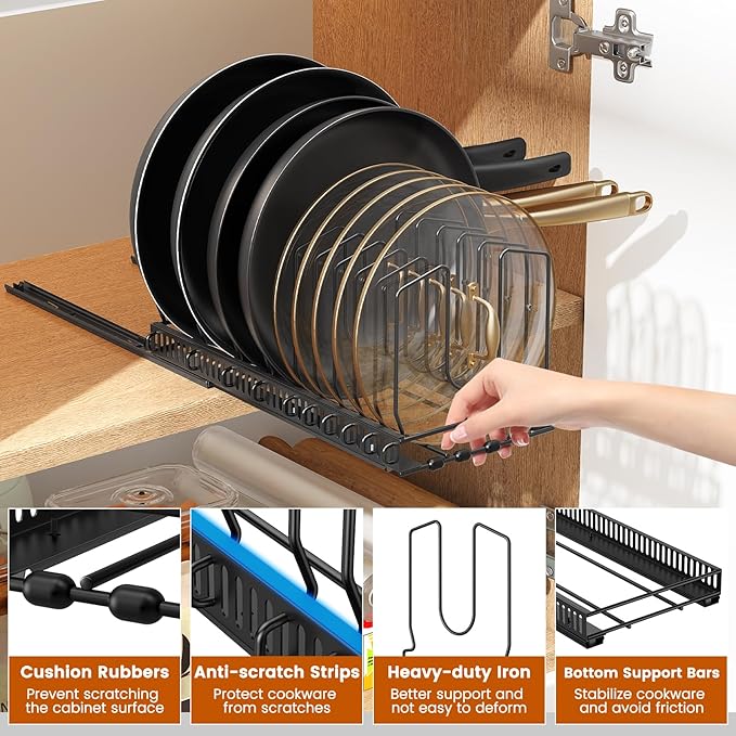 Housolution 1 Pack Pull Out Pot and Pan Organizer for Under Cabinet, Slide Out Pot Lid Organizer with 10 Adjustable Dividers, Sliding Pan Holder Storage Rack Inside Cabinet, Black