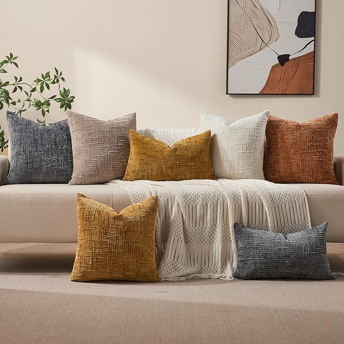 Summer Decorative Couch Throw Pillow Covers 22x22 Set of 2 Yellow Soft Chenille Pillow Covers Neutral Textured Boho Cushion Covers for Modern Farmhouse Sofa Bedroom Living Room Decor SY008-C22