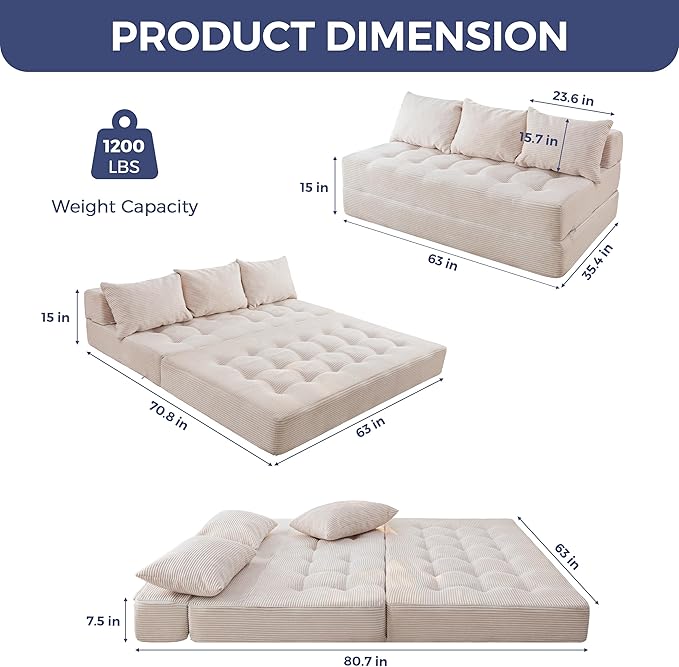 MAXYOYO Folding Sofa Couch, Convertible Floor Sleeper Couch with 3 Pillows, Tufted Floor Oversized Loveseat Couch Tufted Fold Out Chair Bed Comfy Sofa Lounge for Living Room Bedroom, Beige