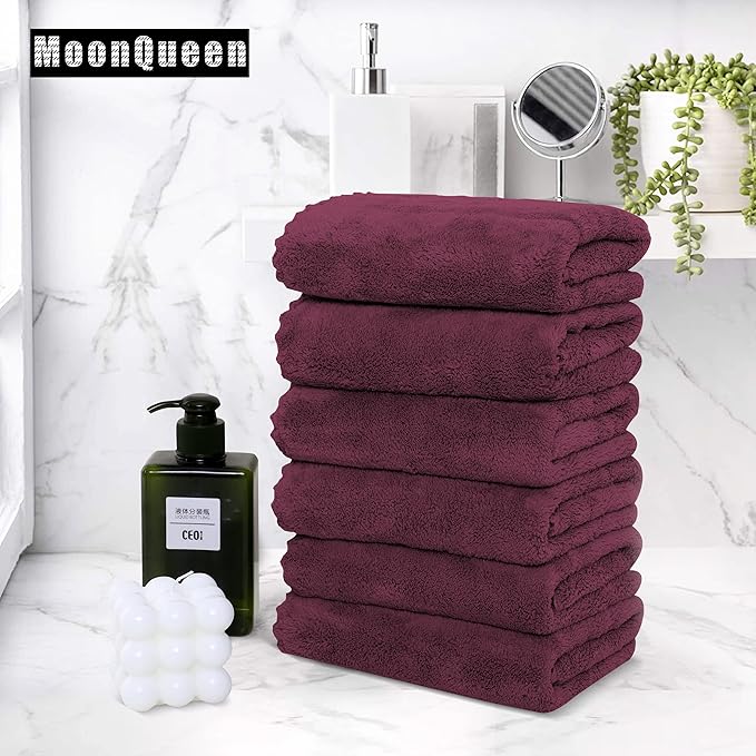 6 Pack Premium Hand Towels - Quick Drying - Microfiber Coral Velvet Highly Absorbent Towels - Multipurpose Use as Hotel, Bathroom, Shower, Spa, Hand Towel 16 x 28 inches (Burgundy)