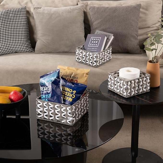 OIAHOMY Storage Baskets Paper Rope Shelf Baskets, Handwoven Small Wicker Bins for Home, Set of 3-Grey & White