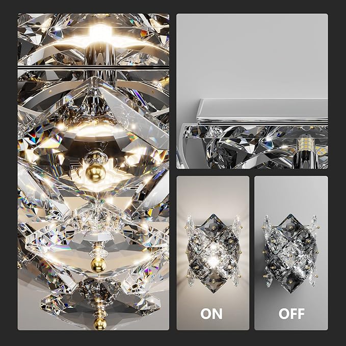 Modern Crystal Wall Sconces,Chrome Wall Light Fixtures,Luxury Indoor Wall Lamp,K9 Crystal Vanity Wall Mount Lamps,Industrial Sconce Lighting for Bathroom Living Room,Bedsides,Hallway,Bedroom