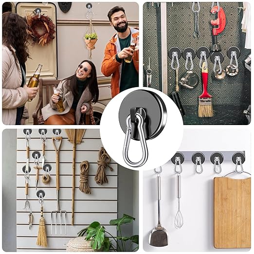 E BAVITE Carabiner Magnetic Hooks, 100LBS Strong Black Magnetic Hooks Heavy Duty with Swivel Carabiner Hook, Great for Hanging for Cruise, Garage, Kitchen, Refrigerator, Locker (6-Pack)