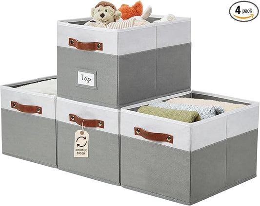 DECOMOMO Storage Baskets for Shelves - Large 15"x11"x10" Foldable Fabric Storage Bins, Baskets for Organizing with Labels (Grey & White, 4pcs)