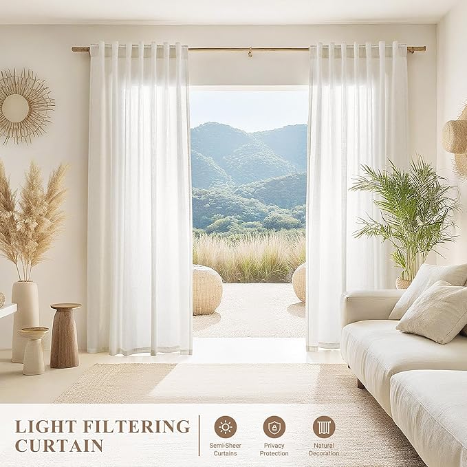 Joywell Beige White Back Tab Rod Pocket Linen Curtains 100 Inches Long 2 Panels for Living Room Bedroom Neutral Boho Farmhouse Rustic Light Filtering Semi Sheer Curtains Window Treatment 52x100