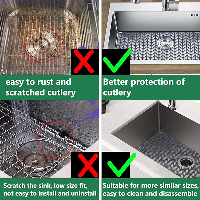 AWOKE Sink Protectors for Kitchen Sink, Kitchen Sink Protector Mat - 28.4"x15.2" Heat-Resistant Silicone Folding Non-Slip Mat for Stainless Steel Sink with Rear Drain (Grey)
