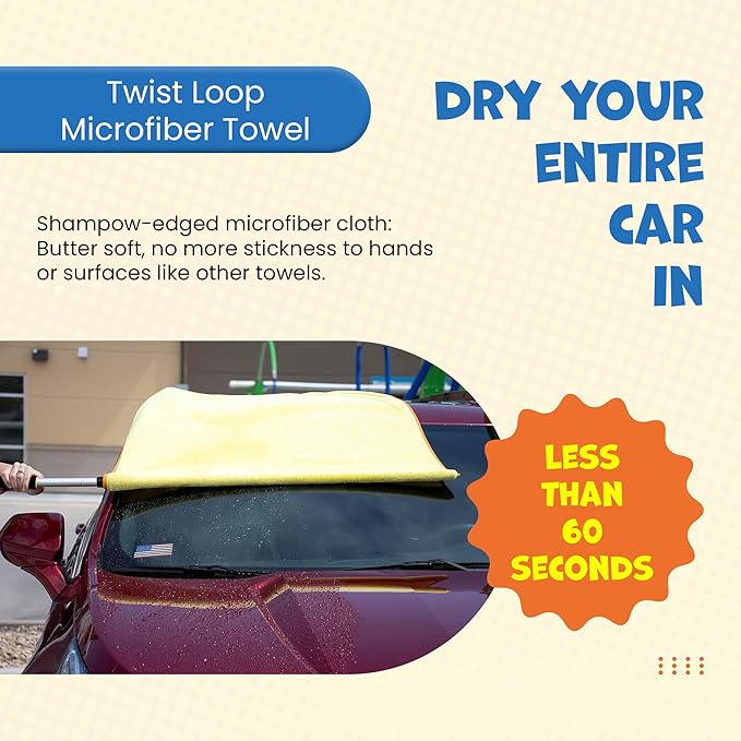 ShamPow XL 38"x 34" Car Drying Towel with Pole, Streak Free, Lint Free, Reusable - Car Accessories, Bath Towels, Microfiber Cleaning Cloth for Car, Truck, SUV - One Pass is All You Need