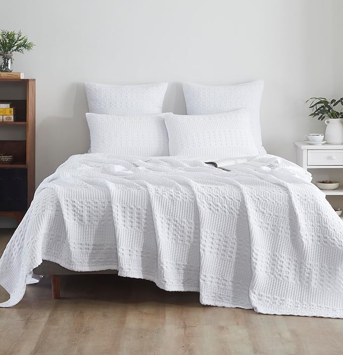 VHC Brands 100% Cotton Waffle Weave Queen Blanket 90"x90", Decorative Lightweight Spring and Summer Throw Blanket, Bedroom Decor for Bed, Couch, or Sofa, White