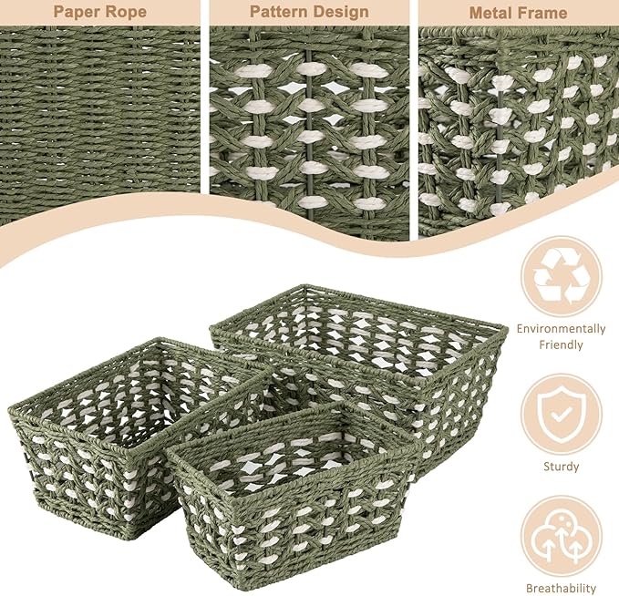 OIAHOMY Wicker Storage Baskets, Paper Rope Shelf Bins, Decortive Baskets for Organizing, Set of 3-Green & White