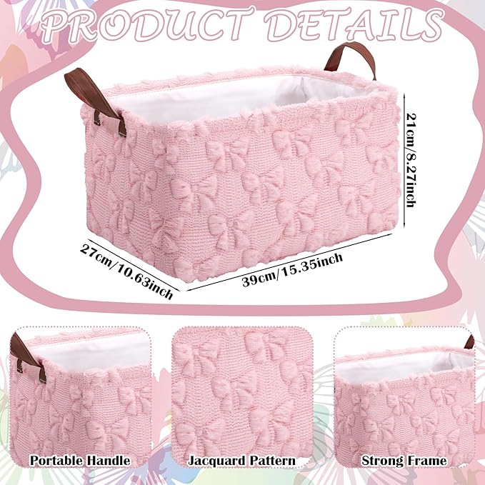 Kathfly 3 Pcs Bow Foldable Storage Baskets Pink Bow Plush Faux Fur Jacquard Design Laundry Basket with Handles Waterproof Storage Bins Fabric Shelf Baskets for Organizing Closet Clothes