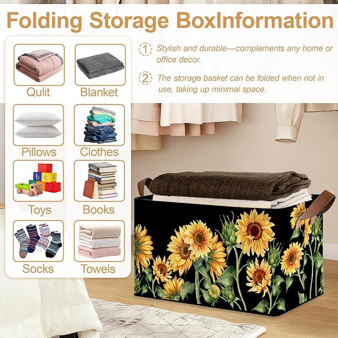 Storage Bin with Handles, Sunflowers Collapsible Laundry Baskets for Books, Laundry - Use in Nursery, Closet Organizers and Storage, Blanket Basket