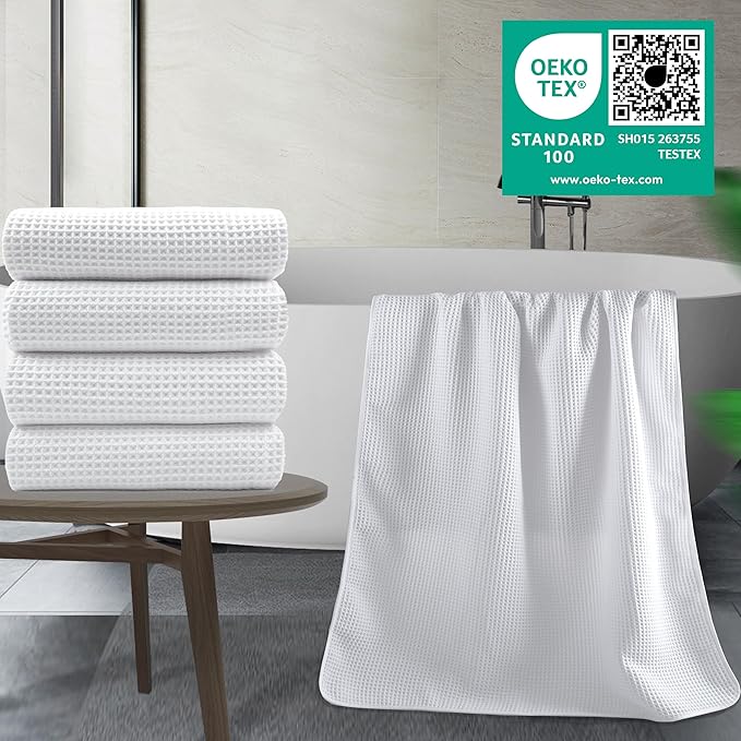 430 GSM Microfiber Oversize Quick Dry Lint Free Bath Towel, 60 x 30 in, 4 Pack (Waffle Weave)