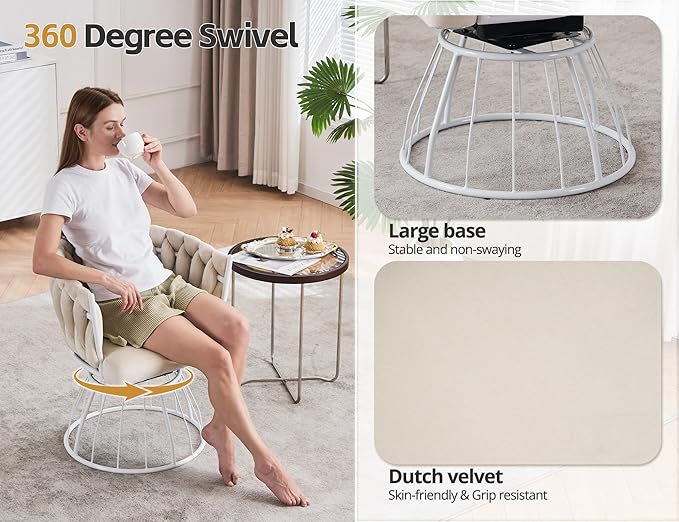 Mistpeople Swivel Weave Accent Chair, Velour Upholstered Modern Chair with Woven Tufted Backrest for Living Room, Bedroom, Vanity, Beige
