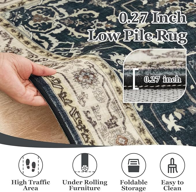 Medallion Round Rugs 6ft, Low Pile Thin Circle Area Rugs for Bedroom Living Room Washable Non Slip, Vintage Round Carpet for Kitchen Dining Room, Midnight/Multi