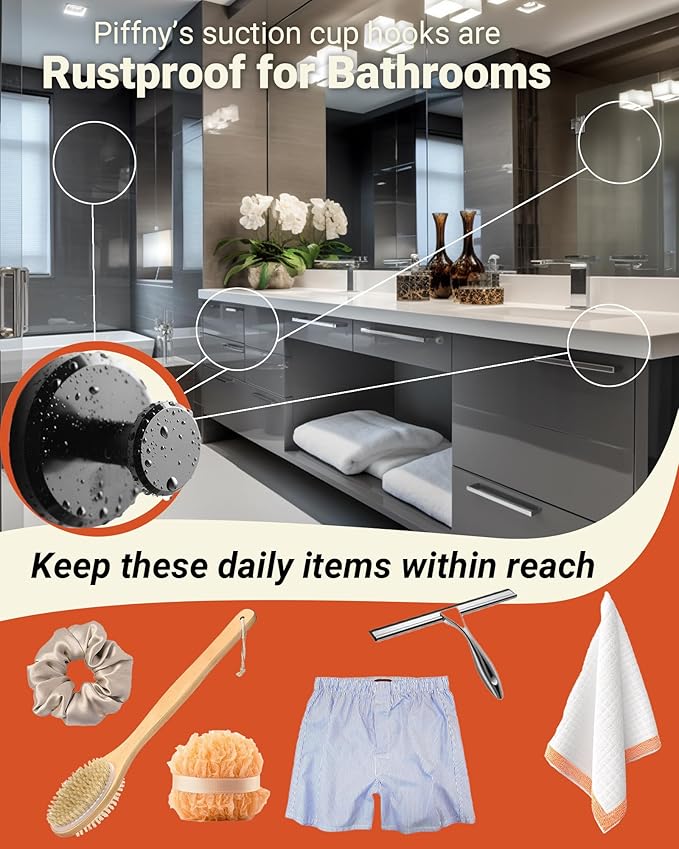 Suction Cup Hooks for Showers, Bathrooms, and Kitchens for Mounting on Smooth Tile, Glass Shower Doors, and Mirrors to Hang Loofah Sponges, Towels, Robes, and More, Black, 2 Pack