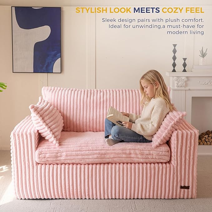 MAXYOYO 59" Bean Bag Sofa Couch, Loveseat Boneless Couch in a Box, Upholstered Small Mini Sofa with Deep Seating for Living Room Bedroom Office Apartment, No Assembly, Pink
