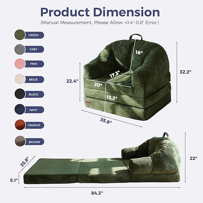 MAXYOYO Folding Sofa Bed with Backrest, Boneless Fold Out Couch Bed with Handle, 2 in 1 Convertible Bean Bag Chair to Floor Sofa Lounger, Comfy Folding Couch for Bedroom & Living Room, Dark Green