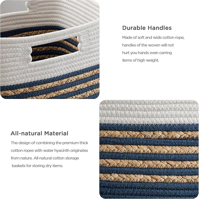 UBBCARE Set of 4 Storage Cubes 13 X 13 X 13 in, Water Hyacinth Storage Bins for Shelves, Toys, Book, Storage Baskets with Handles, Cotton Rope Woven Baskets for Organizing, Navy Blue