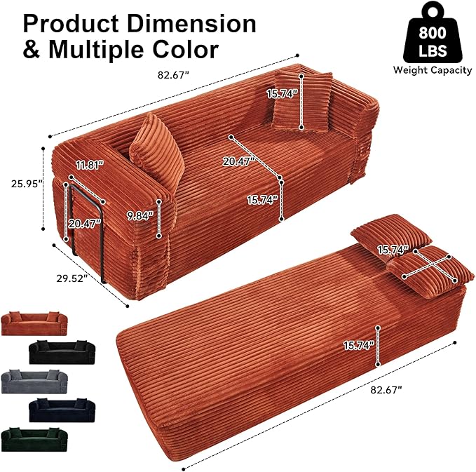 83'' Boneless Couch in A Box, No Assembly Needed Sofa Bed Couch 3 Seater Corduroy Modern Cloud Sofa 29'' Deep Seat with 2 Pillows & Removable Backrest for Living Room, Bedroom, Apartment, Orange | No Assembly Needed, High Density Foam, Removable Backre...
