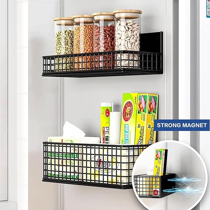 Magnetic Basket Fridge Large Magnetic Pen Holder Whiteboard Metal Wire Basket Storage Item Organizer (White-Low)