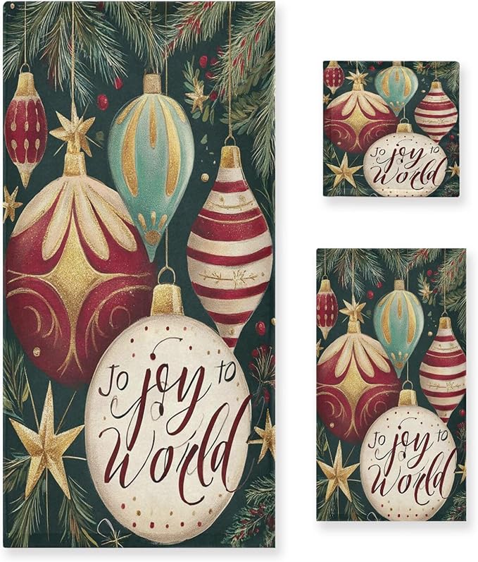 Christmas Winter Towels Set of 3 Holly Ball Ornament Joy Bathroom Towel Soft Absorbent Bath Hand Towels Washcloth Guest Towel Sets Xmas Holiday Decor