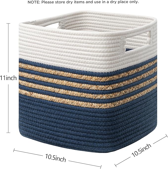 UBBCARE Set of 4 Storage Cubes 11 X 10.5 X 10.5 in, Water Hyacinth Storage Bins for Shelves, Toys, Books, Organizing Baskets with Handles, Cotton Rope Woven Baskets, Blue