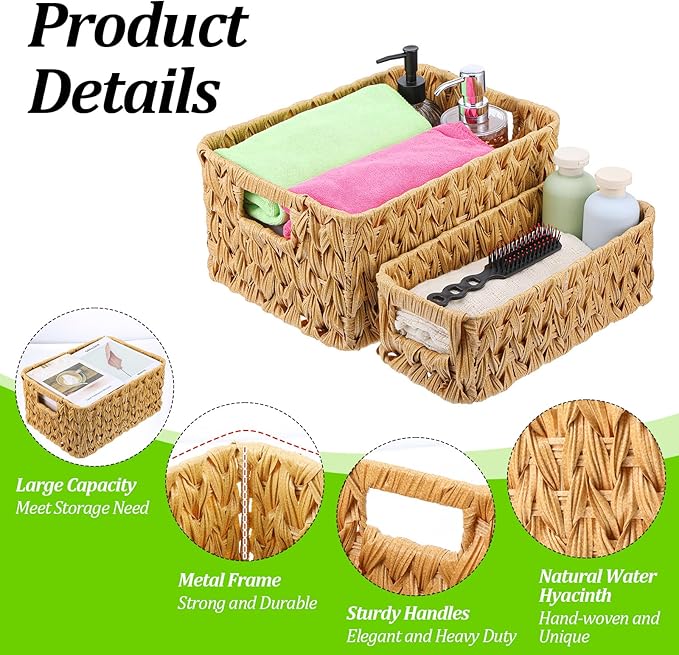 3 Pcs Plastic Water Hyacinth Wicker Baskets, 2 Sizes Large Rectangular Woven Storage Baskets with Handles for Home Organizing