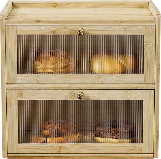 Bread Box for Kitchen Countertop Wooden Bread Storage Container Bin 2 Layer Corner Breadbox Large Capacity, Vintage Farmhouse Food Organizer Pantry Shelf with Window - Natural Bamboo